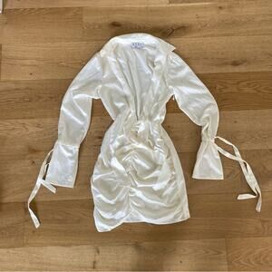 XLE The Label Ruched Front Long Sleeve Tie Cuff Dress in White